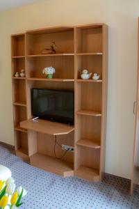 a wooden book shelf with a television in it at Haus am Steinberg in Bad Driburg
