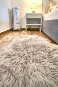 1 dormitorio con alfombra peluda en el suelo en Doppelzimmer mit Terrasse en Därligen
