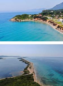 dos fotos de una playa con el océano en Pavlos Sofia Villa, en Corfú