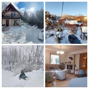 a group of four pictures of a house covered in snow at Cottage Zawoja in Zawoja