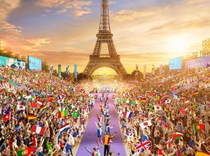 a crowd of people holding flags in front of the eiffel tower at Studio Confort Centre-Ville - Paris et Disney in Noisy-le-Grand