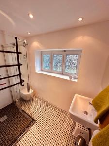 een badkamer met een douche, een wastafel en een raam bij Villa Traun in Bad Ischl