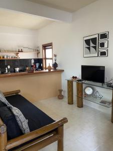 uma sala de estar com um sofá e uma televisão de ecrã plano em Casa da Cristina em Trancoso