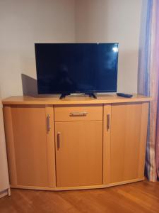 een flatscreen-tv op een houten kast bij Ländlezimmer in Rankweil