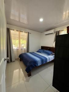 um quarto com uma cama com um edredão azul e uma janela em Mary's House em Libertad