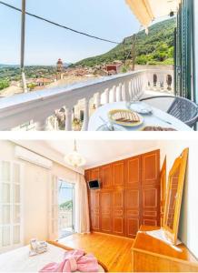 two pictures of a bathroom with a tub and a balcony at Pavlos Sofia Suites in Corfu Town