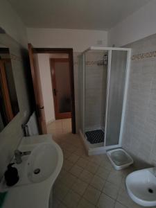 y baño con ducha, lavabo y aseo. en Appartamento Mercantini, en Monsampolo del Tronto