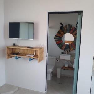 ein Bad mit einem TV und einem WC in der Unterkunft Chalé Vale Sereno Classic in Camanducaia