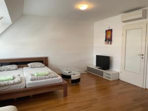 1 dormitorio con 1 cama y TV de pantalla plana en City rooms, en Viena