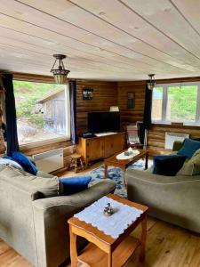 a living room with two couches and a tv at Chalet au Toit Vert in Mandeville