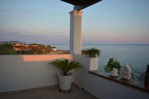 a balcony with potted plants and a view of the ocean at Rousalis Studio-Corfu- Hellas in Agios Georgios