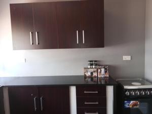 uma cozinha com armários de madeira e uma bancada em Ramachi apartments em Livingstone