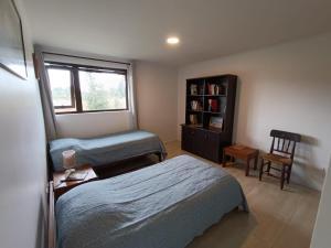 a bedroom with two beds and a book shelf at Casa con excelentes 2 habitaciones 1 Doble Matrimonial y otra 2 camas indiv con vista al volcán, Puerto Varas in Llanquihue