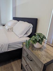Bett mit Tisch und Topfpflanze drauf in der Unterkunft Gladstone Entire House 4 Beds 2 Baths Air-conditioned in City in Beecher