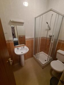 ein Bad mit einer Dusche, einem Waschbecken und einem WC in der Unterkunft Devon Towers Hotel in Bournemouth