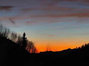 una puesta de sol sobre una montaña con árboles en primer plano en Ski Lodge Pampeago, en Tesero