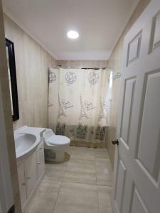 a bathroom with a toilet and a shower curtain at Casa con excelentes 2 habitaciones 1 Doble Matrimonial y otra 2 camas indiv con vista al volcán, Puerto Varas in Llanquihue