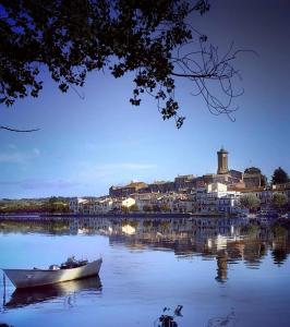 a boat on a lake with a city in the background at Palazzo Verdi Holiday Viterbo in Viterbo