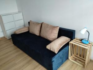 a black couch in a living room with a lamp at Apartament Tereska in Duszniki Zdrój