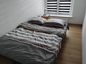 três camas num quarto com uma janela em Apartament Tereska em Duszniki Zdrój