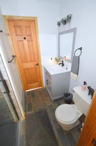 ein Badezimmer mit einem WC, einem Waschbecken und einem Spiegel in der Unterkunft The Fern - Woodland Escape in Morton Grove