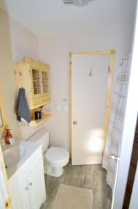 een badkamer met een toilet, een wastafel en een deur bij The Fern - Woodland Escape in Morton Grove