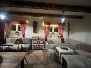 代斯纳Chata Porcelánka的客厅里有一张沙发和一张桌子。