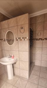 uma casa de banho com um lavatório e um espelho em Stay at Home Airport Lodge em Kempton Park