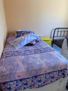 Cabaña في شيلان: غرفة نوم مع سرير مع لحاف أرجواني