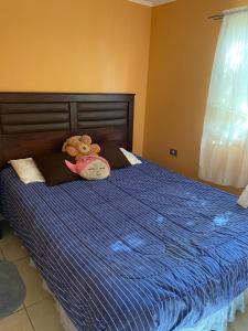a bed with a teddy bear on top of it at Cabaña in Chillán