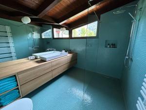 y baño con lavabo y ducha acristalada. en HAUS A Ankommen*Abschalten*Auftanken en Bregenz