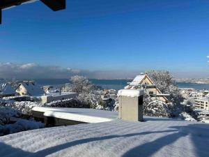 un techo cubierto de nieve de una casa con casas en el fondo en HAUS A Ankommen*Abschalten*Auftanken en Bregenz