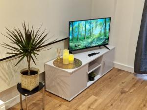 a living room with a flat screen tv on a stand at Luxury Modern Apartment Stay in Sheffield