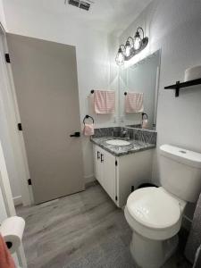 a bathroom with a toilet and a sink and a mirror at Entire Modern House with King bed & 65inTV in Carmichael
