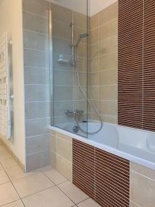 a bathroom with a shower and a bath tub at Golf et sentiers côtiers in Carantec