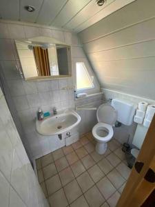 a small bathroom with a toilet and a sink at Finnhütte Oase in Berlin