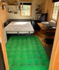 a small room with a bed and a green floor at Velkommen til Finnskogen og minihytta Rimbila in Kongsvinger