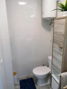 a small bathroom with a toilet and a blue rug at Apartamento OCEAN PEARL in Corralejo +17 photos