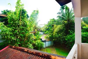 uitzicht op een tuin met palmbomen en een huis bij hikka T&O nature villa in Hikkaduwa