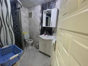 małą łazienkę z toaletą i umywalką w obiekcie Troya Suit w mieście Çanakkale
