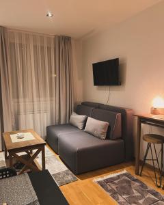 a living room with a couch and a flat screen tv at Falling Star Apartman Brzece in Brzeće