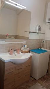 a bathroom with a sink and a mirror at appartamento tra Torino e Alba in centro in Sommariva del Bosco