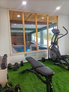 een kamer met een fitnessruimte met een loopband en een raam bij DOBAU village in Vieira do Minho