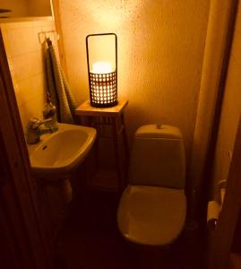 a small bathroom with a toilet and a sink at Meditation Room with light bfast - private toilet, no shower in Rovaniemi