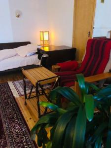 a living room with a bed and a table and chairs at Meditation Room with light bfast - private toilet, no shower in Rovaniemi