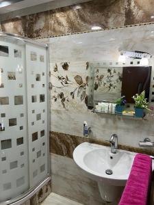 a bathroom with a sink and a mirror at شقة للايجار مفروشة بالكامل in Cairo