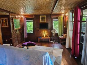 a living room with a bed and a tv at Studio Avea rez-de-chaussée in Parea