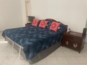 a bedroom with a blue bed with red pillows at Habitación Frente a la Bahia con baño privado in Panama City