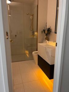 a bathroom with a shower and a sink and a toilet at Apartment in South Melbourne in Melbourne