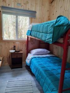 a bedroom with a bunk bed and a window at Arriendo Cabaña Entre Arrayanes. in Las Quemas del Salto